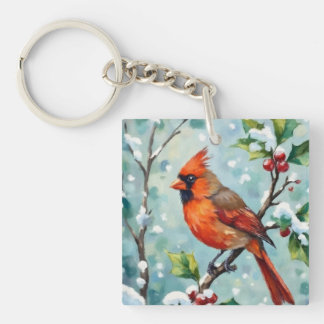 Christmas Cardinal on a Holly Branch Key Ring