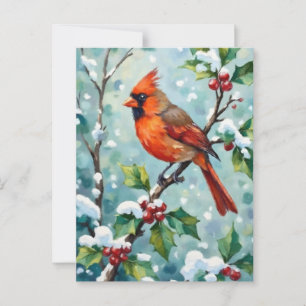 Christmas Cardinal on a Holly Branch Postcard