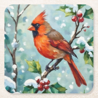 Christmas Cardinal on a Holly Branch Square Paper Coaster