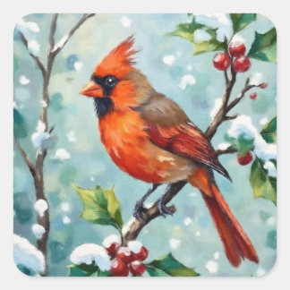 Christmas Cardinal on a Holly Branch Square Sticker