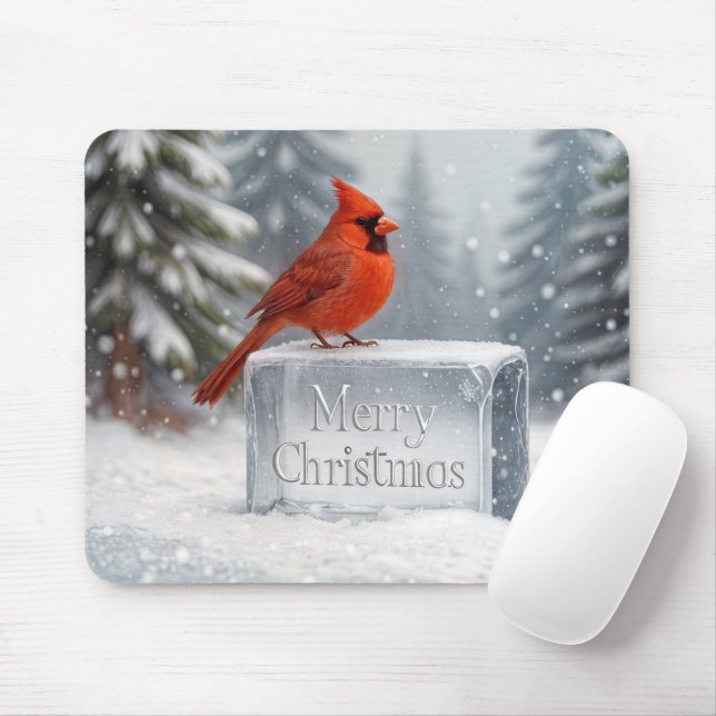 Christmas Cardinal On Ice Block Mouse Mat (With Mouse)