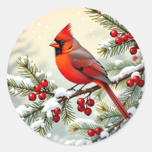 Christmas Cardinal on snowy pine branch  Classic Round Sticker