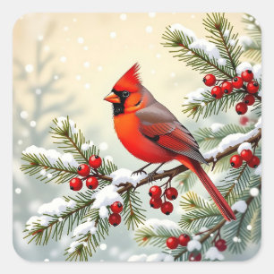 Christmas Cardinal on snowy pine branch  Square Sticker