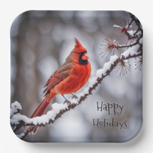 Christmas Cardinal On Winter Branch Paper Plate