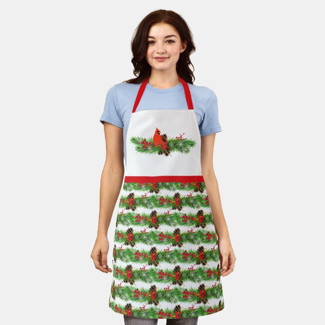 Christmas Cardinal Pinecone Holiday Greenery  Apron (Worn)