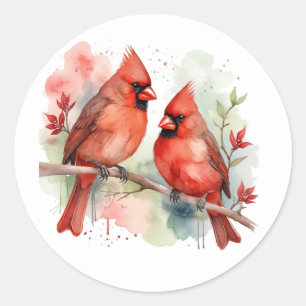 Christmas Cardinal Red Bird Couple Art Classic Round Sticker