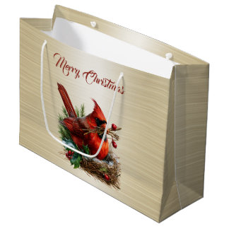 Christmas Cardinal Red Birds Flower Holidays Party Large Gift Bag