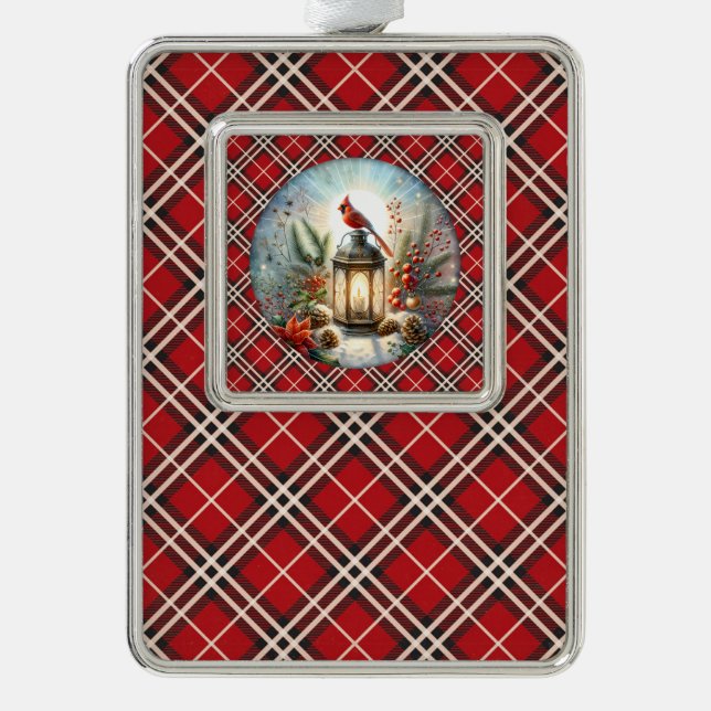 Christmas Cardinal Remember Loved one Lantern Silver Plated Framed Ornament (Front)
