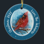 Christmas Cardinal Snowflakes on Red or Blue Ceramic Tree Decoration<br><div class="desc">Christmas Cardinal Snowflakes on Red or Blue Ceramic Ornament - A snowy background with dark blue create a lovely space for the Cardinal to rest. The other side of the ornament has a bright red background. A shimmery silver snowflake background is also on both sides. Winter is a beautiful time...</div>