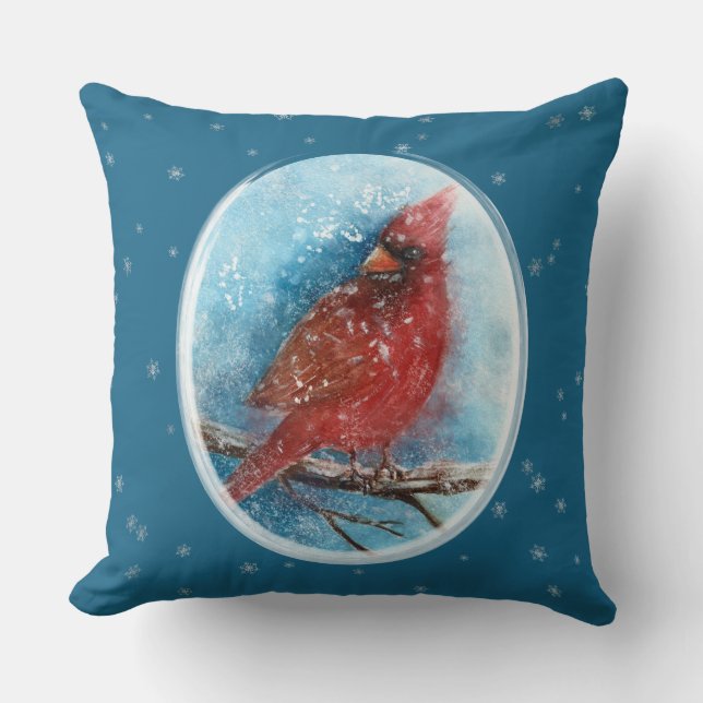 Christmas Cardinal Snowflakes on Red or Blue Cushion (Front)
