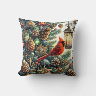 Christmas Cardinal with Pinecones and Lanterns Cushion