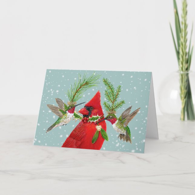 Christmas cardinals and hummingbirds card (Front)
