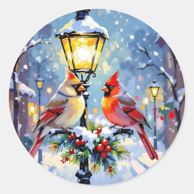 Christmas Cardinals and Snowy Lamppost Classic Round Sticker (Front)