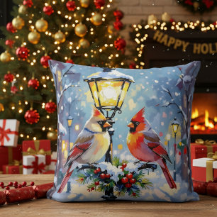 Christmas Cardinals and Snowy Lamppost Cushion