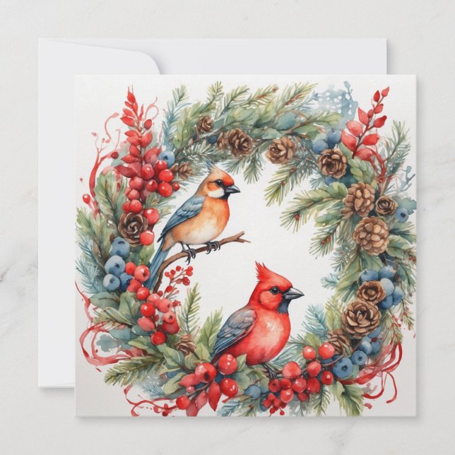 Christmas Cardinals, Berries, Pinecones Wreath Holiday Card (Front)