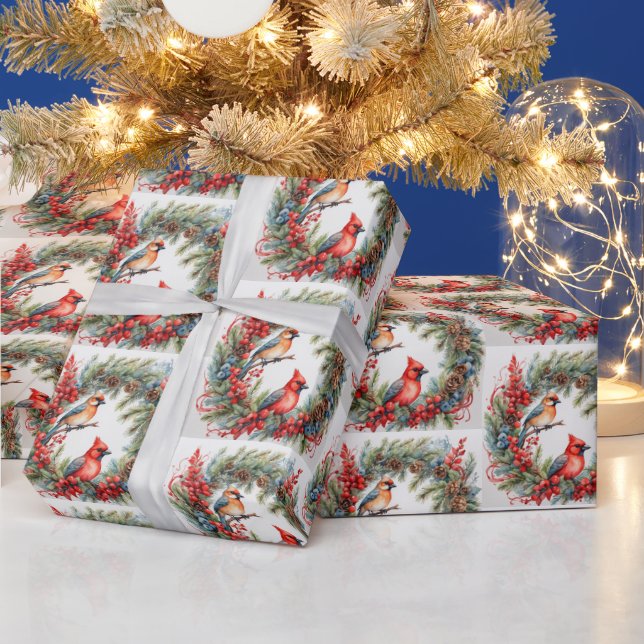 Christmas Cardinals, Berries, Pinecones Wreath Wrapping Paper (Holidays)