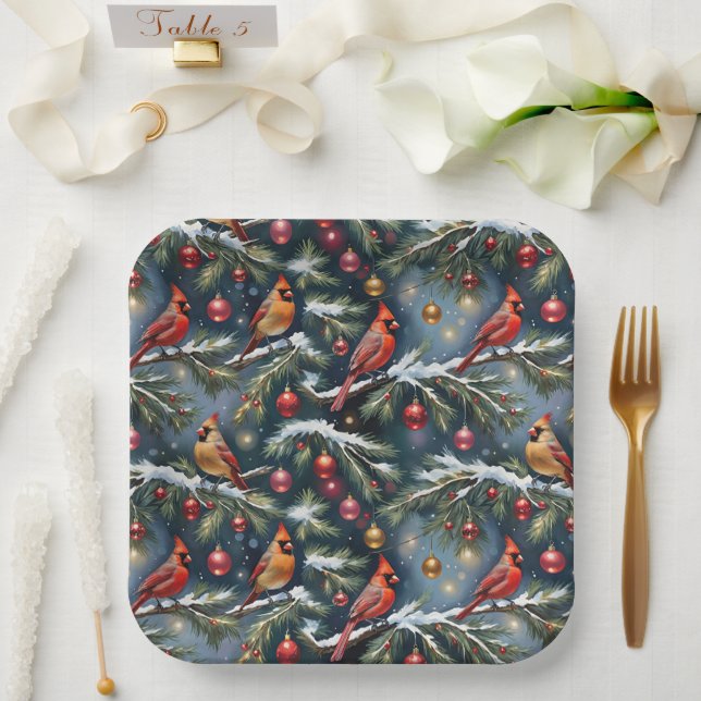 Christmas Cardinals On Snowy Branches & Ornaments Paper Plate (Wedding)