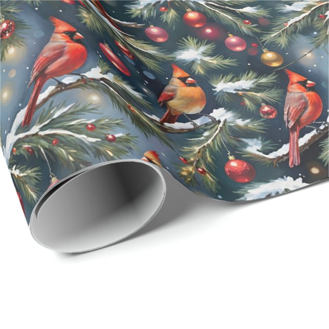 Christmas Cardinals On Snowy Branches & Ornaments Wrapping Paper (Roll Corner)