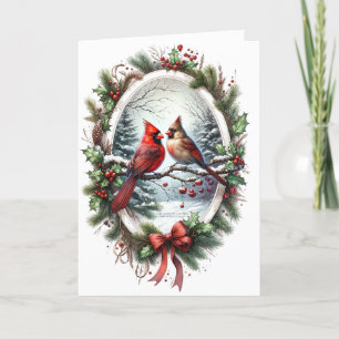 Christmas Cardinals Red Bow Holly Snowy Forest 1 Holiday Card