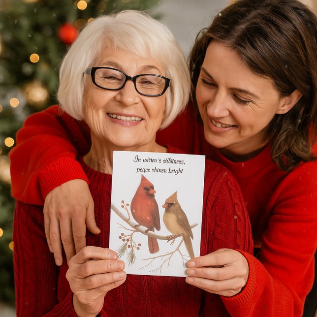 Christmas Cardinals Wildlife Holiday Card (A joyful grandmother proudly showing the cardinal card, with her daughter warmly embracing her. )