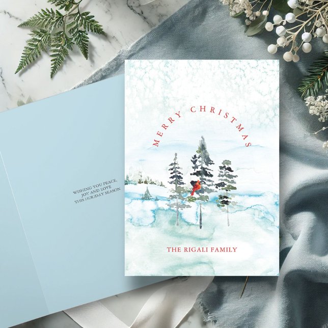 Christmas Cards in Watercolor Snowy Forest  (non-photo folded Merry Christmas cards watercolor winter forest blue)