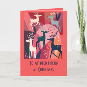 Christmas Caribou Pink Kitsch Retro Modern Design Card