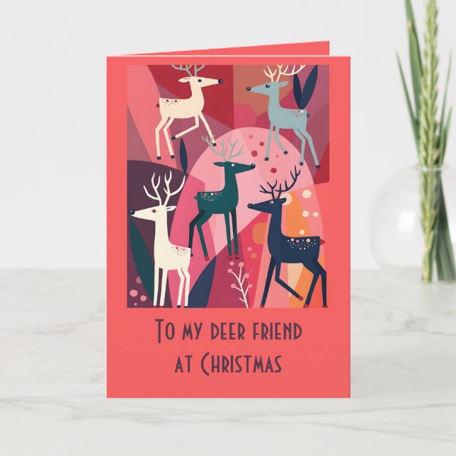 Christmas Caribou Pink Kitsch Retro Modern Design Card (Front)