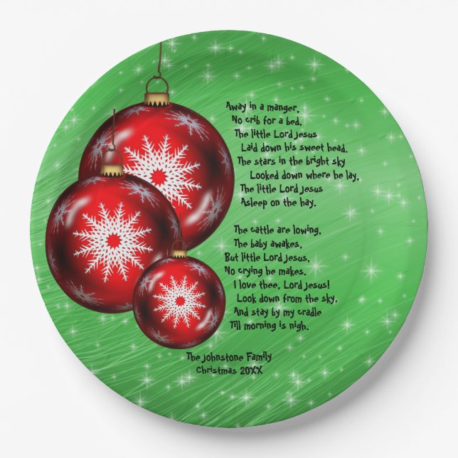 Christmas Carol Lyrics Away In A Manger  9" Paper Plate (Front)