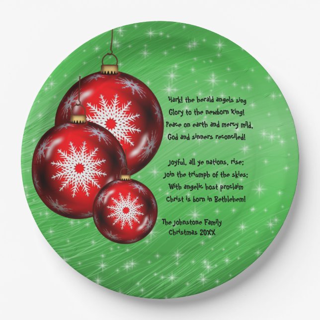 Christmas Carol Lyrics Hark Herald Angels Large 9" Paper Plate (Front)