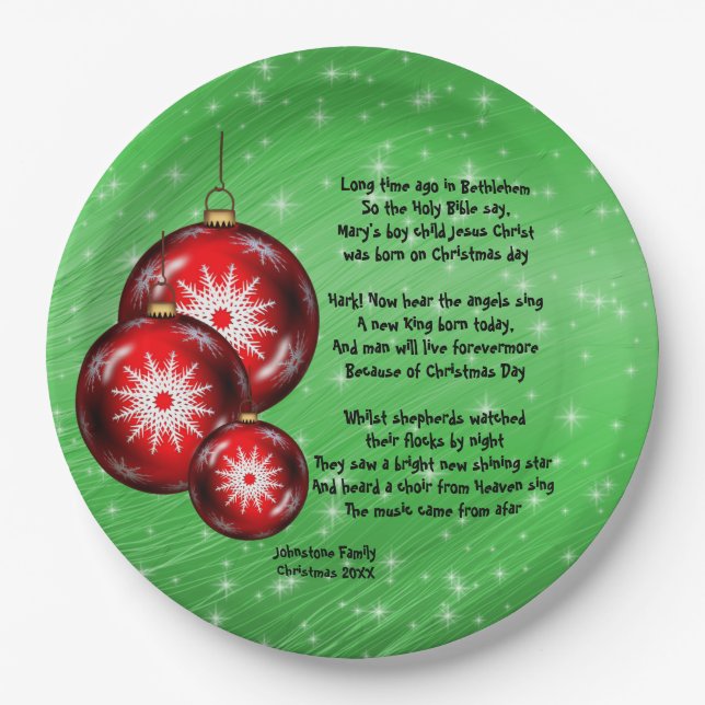 Christmas Carol Lyrics Long Time Ago 9" Paper Plate (Front)