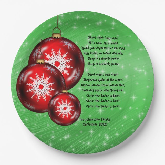 Christmas Carol Lyrics - Silent Night - Large 9" Paper Plate (Front)