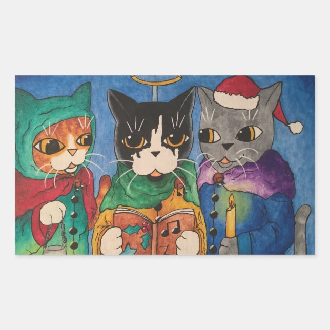 Christmas Carol Singer Cats Rectangular Sticker (Front)