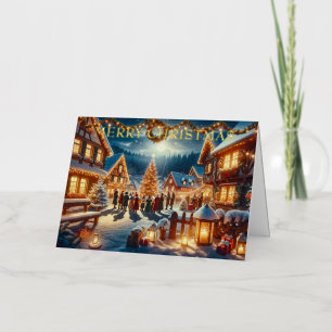 Christmas Carolers in Lantern-Lit Village Square Foil Holiday Card