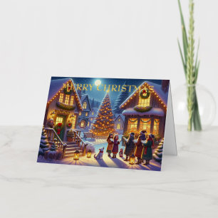 Christmas Carolers in Snowy Village with Tree Foil Holiday Card