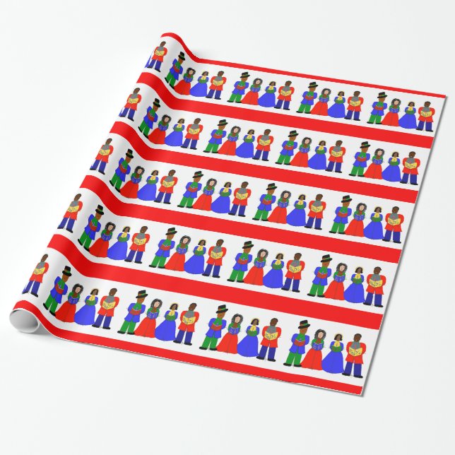 Christmas Carolers-Medley Red Wrapping Paper (Unrolled)