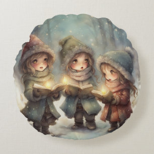 Christmas Carolers Round Cushion