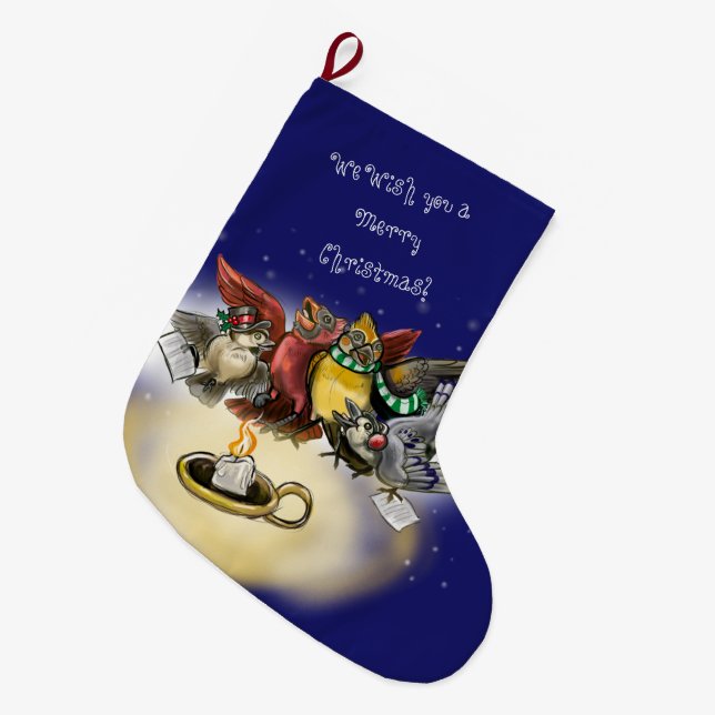 Christmas Caroling Birds Large Christmas Stocking (Front (Hanging))