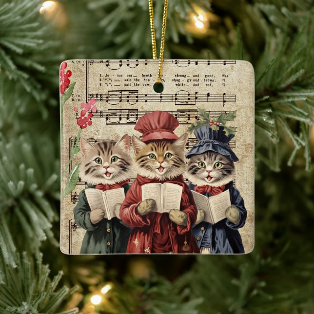 Christmas Caroling Cats Ceramic Ornament (Tree)