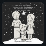 Christmas Caroling Square Sticker<br><div class="desc">Little Boy stands front and centre of his parents as he and they sing Christmas carols. Mum and dad each hold their booklets while Little Boy, with his arms flailed out, sings with all his might. Snow falls around them and a single star shines upon them on this glorious night....</div>