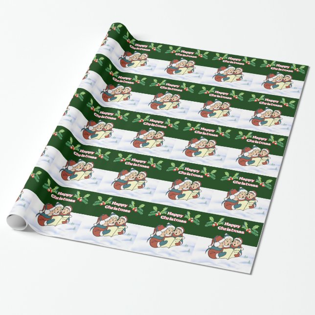 Christmas Carollers, holly berries, snow scene Wrapping Paper (Unrolled)