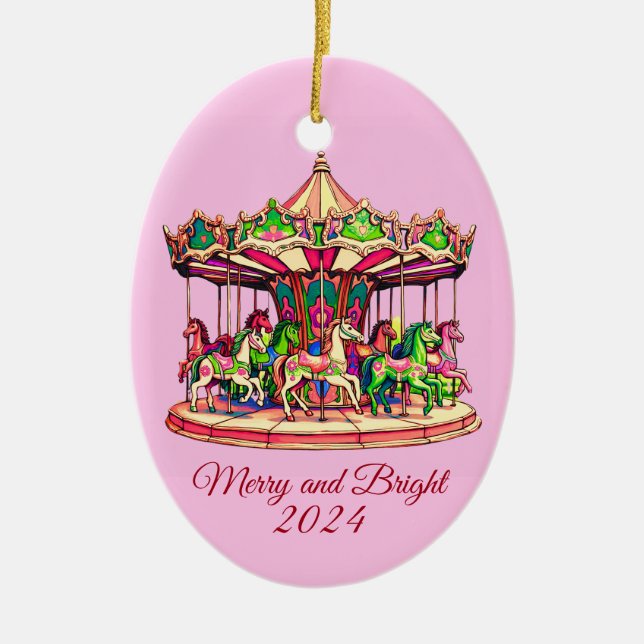 Christmas Carousel in Candy Stripes Ceramic Tree Decoration (Front)