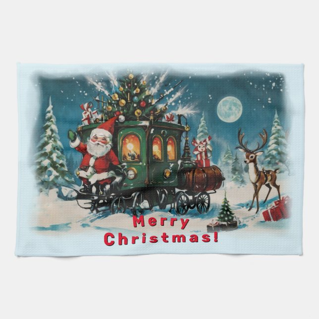Christmas Carriage - Santa's Delivery Wagon Tea Towel (Horizontal)