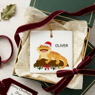 Christmas Cartoon Bearded Dragon Custom Name Ceramic Ornament