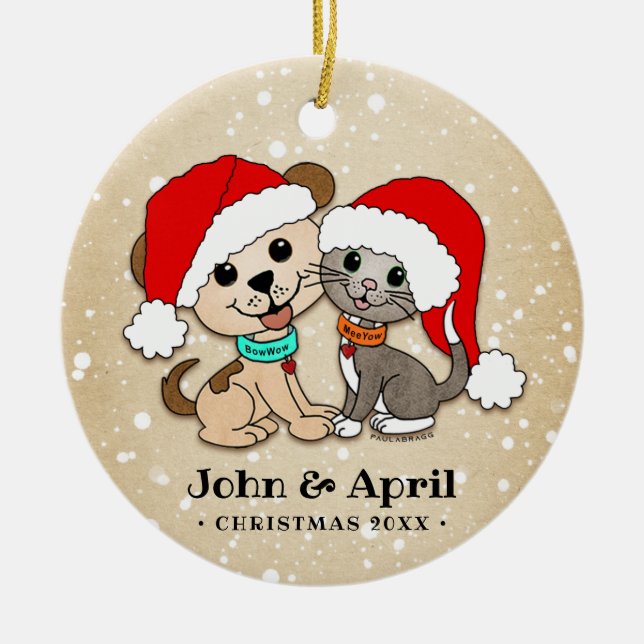 Christmas Cartoon Cat Dog Ceramic Tree Decoration (Front)