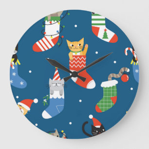Christmas Cartoon Cats Cute Pattern Large Clock