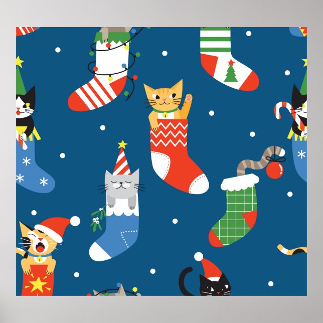 Christmas Cartoon Cats Cute Pattern Poster (Front)