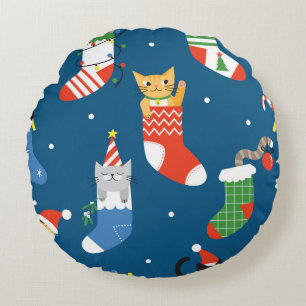 Christmas Cartoon Cats Cute Pattern Round Cushion