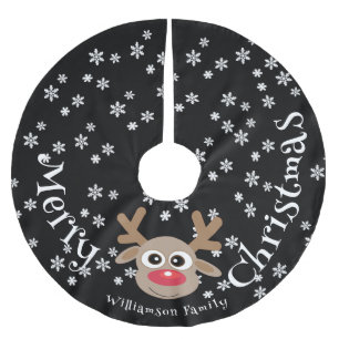 Christmas Cartoon Reindeer Black White Snowflakes  Brushed Polyester Tree Skirt