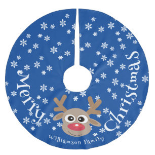 Christmas Cartoon Reindeer Blue White Snowflakes  Brushed Polyester Tree Skirt