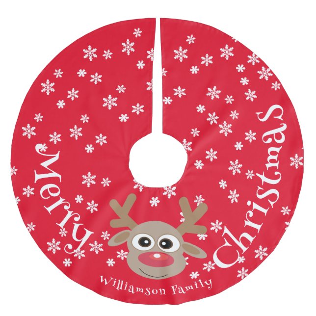 Christmas Cartoon Reindeer Red White Snowflakes  Brushed Polyester Tree Skirt (Front)
